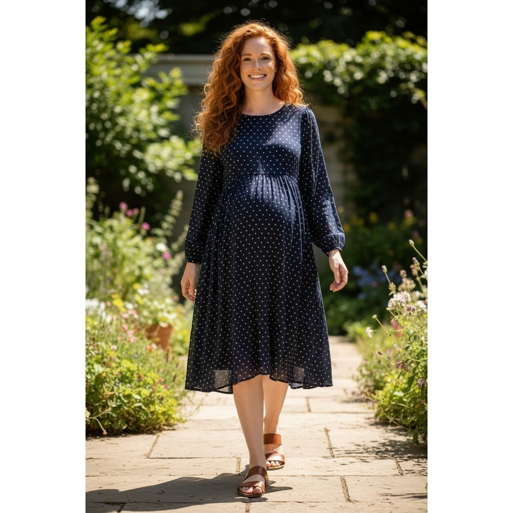 NWT Luxe by Seraphine Navy Blue Polka Dot Maternity Dress Empire Waist Medium